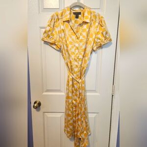 Yellow Floral Button-Up Dress With Tie, Size 18 Business Casual Or Party